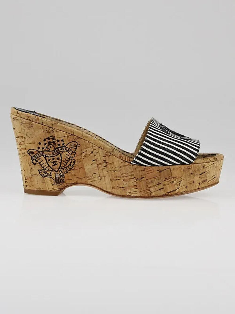 Vintage Chanel Striped CC Logo Cork Platforms Slide Sandals Black White EU 41